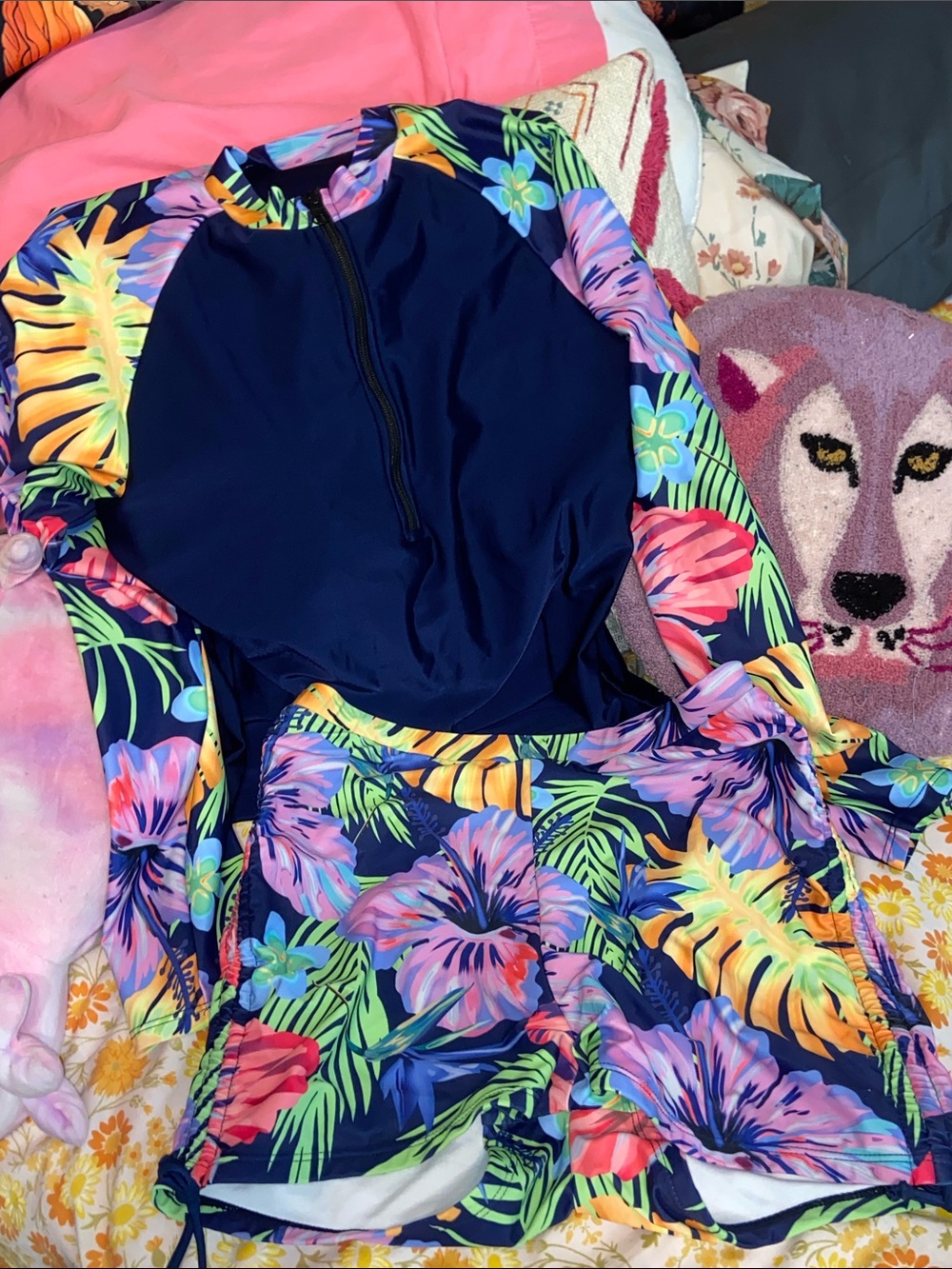 NAVY BLUE HAWAIIAN L/S TWO PIECE Shorts & Top Full Coverage Modest Surfing